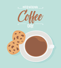 international day of coffee, top view cup and cookies