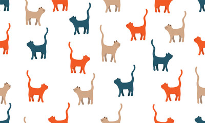 Fototapeta premium Seamless pattern of the cute walking cats. Vector illustration. Clip art for web card, poster, cover, decoration, for textile, wallpapers, gift wrap and scrapbook.
