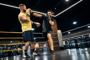 Smiling athlete blocking a hit during a boxing match