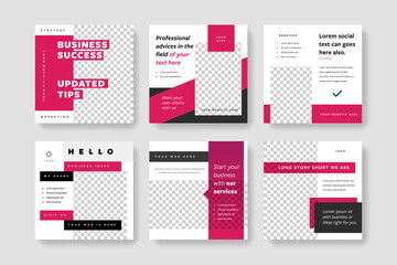 Instagram post templates with magenta accent. Set of editable square graphics for social media posts with place for toho