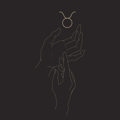 Female hands holding aries glyph. Gesture and taurus zodiac sign. Magic hands silhouette. Outline isolated vector illustration. Design element for logotype, tattoo, print, icon.