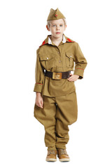 Portrait of pretty boy in ussr military uniform isolated at white background. Concept of russian soldier for 9 May holiday celebration.