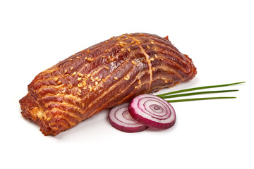 Cold smoked salmon roll, isolated on white background