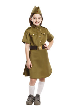 Portrait of pretty girl in USSR military nurse uniform isolated at white background. Concept of russian soldier for 9 May holiday celebration.