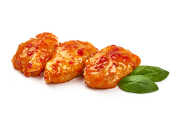 Chicken thighs in chili sauce, isolated on white background