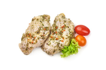 Chicken thighs in garlic sauce with spices, isolated on white background