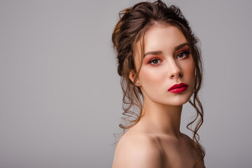 Beauty portrait of young beautiful brunette woman with colorful makeup: pink, red eyeshadow, bold...
