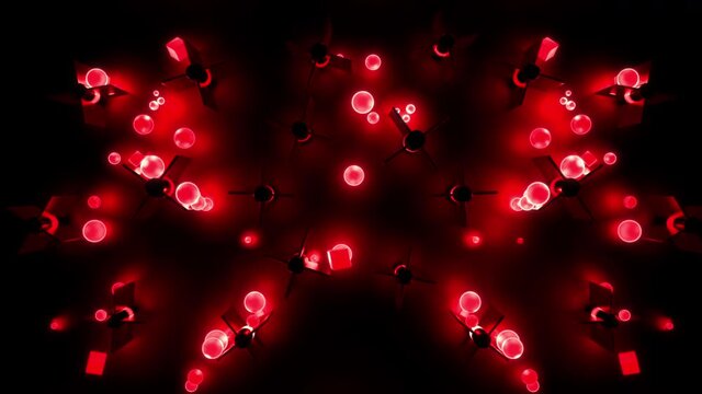 Colorful falling neon glowing red balls and cubes, bouncing and jumping from obstacles on reflective background. Interactive particles motion. Animated gravity effect. Abstract fun concept 3d render