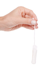 Hand with Female cotton tampon, menstrual cycle. Isolated on white background.