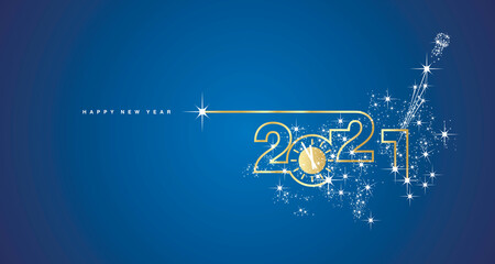 2021 Happy New Year clock countdown line design shining sparkle firework champagne gold white blue banner vector
