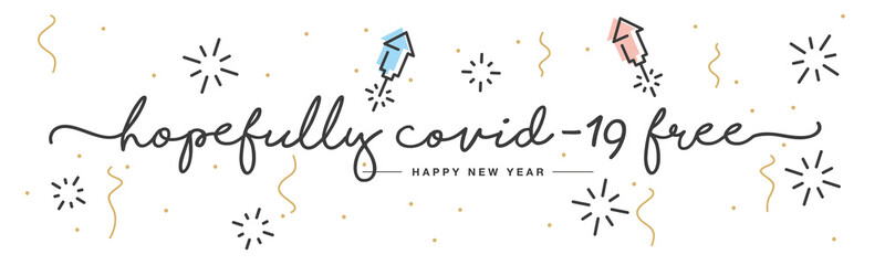 Happy New Year 2021 hopefully covid-19 free rocket firework confetti white isolated background