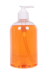 Orange liquid soap in a bottle, isolated on white background.