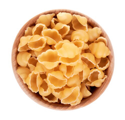 Fresh raw pasta in wooden bowl. Isolated on white background.