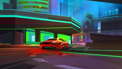  painted bright night landscape. Cyberpunk city with the car of the future. © khius