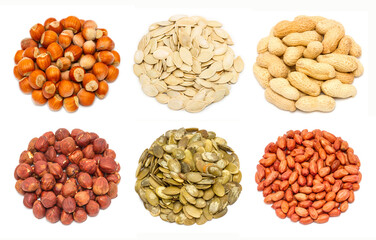 Set of different types of nuts - ripe hazelnuts in the shell, pumpkin seeds in the shell, peanut in the shell, peeled ripe hazelnuts, pumpkin seeds without shell, peeled peanut
