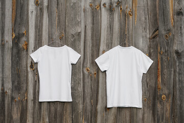Hanger with white t-shirts on wooden background. Mockup for design