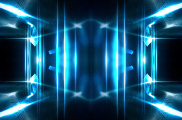 Abstract dark futuristic background. Blue neon light rays reflect off the water. Background of empty stage show, beach party. 3d illustration