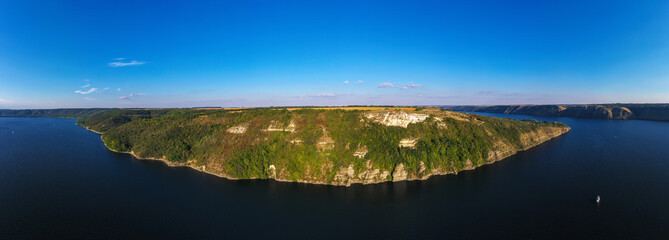 Bakota Dnister river tourists landmark in Ukraine aerial panorama view