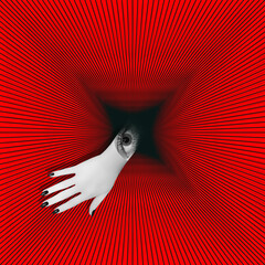 Contemporary collage. A hand with an eye and black nails on a red background emerges from a black...