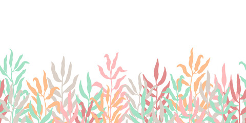 Vector seamless border from branches silhouettes. Cute light botanical design, isolated on white background