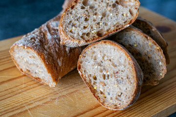 french bread on table. French baguettes with cereal.