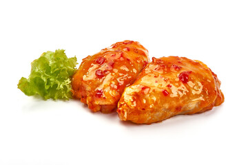 Chicken thighs in chili sauce, isolated on white background