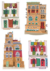 A set of traditional arabian, Yemen and Morocco architecture. Cartoon, caricature. Hand drawn traced to vector and colored sketch.