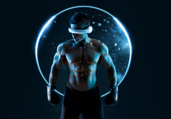 Fototapeta na wymiar Muscular model sports young man in glasses of virtual reality and boxing gloves on dark background. Fashion portrait of strong brutal guy. Sexy torso. Male flexing his muscles. VR. Blue neon light.