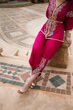 Moroccan traditional dress, embroidery on the caftan. Festive women's clothing in Morocco