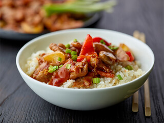 fried rice and vegetables with hot chicken sauce