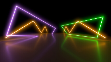 Fototapeta premium Neon lights on a black background. Reflections on the floor. 3d rendering image.