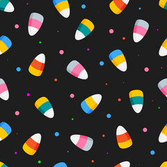 Happy Halloween candies seamless pattern on black background, vector illustration.