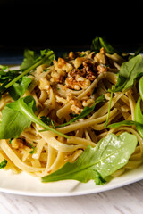 Garlic Fettuccine Arugula Walnuts