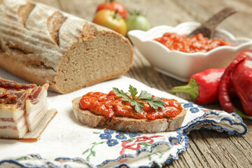 Roasted vegetable spread with bread. Homemade food concept.
