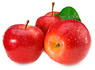 red apples with green leaves isolated on a white background