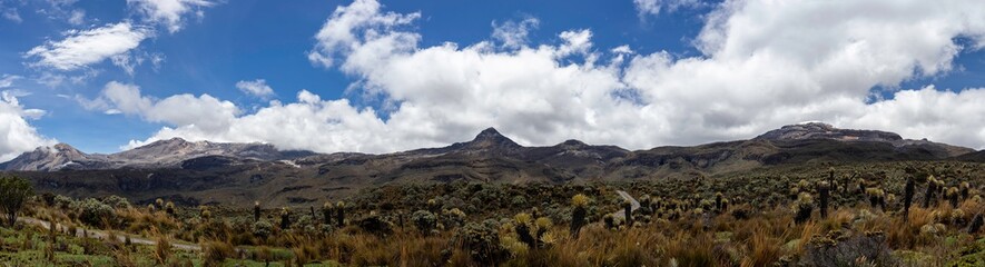Los nevados national natural park panoramic in Colombia. Nevado del Ruiz volcano and nevado Santa Isabel. 