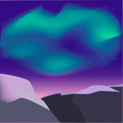 Vector illustration of the northern lights and mountains. Scandinavian landscape.