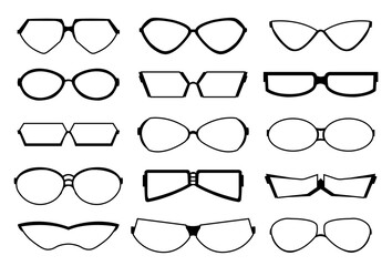 Glasses design art silhouette, eyewear and optical accessory. Medical classic ocular set. Collection modern fashion glasses. Various shapes. Vector glasses model icons