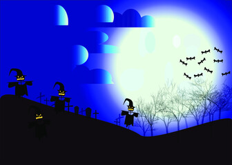 Halloween background with a scarecrow and a pumpkin against the background of grave crosses on a moonlit night.
The EPS file is available.