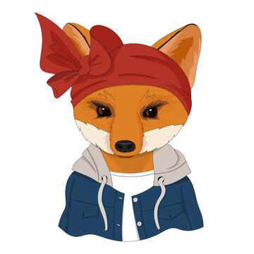 Cute Fox in clothes on a white background. Vector portrait.