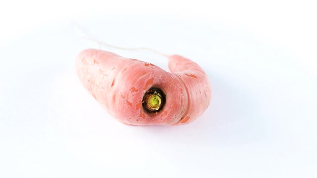 Ugly carrot rotate on a white background. Funny, unnormal vegetable or food waste concept. Horizontal orientation
