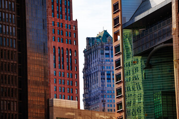 Different Detroit skyscraper buildings walls textures, Michigan USA