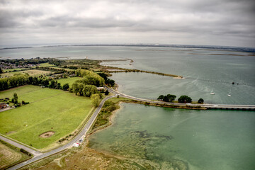 Hayling Island aerial view of the northern shore of Langstone Harbour and the road bridge.