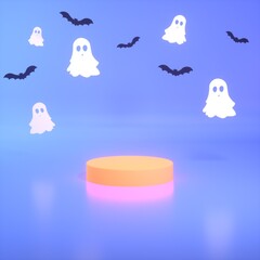 Halloween minimal orange podium scene made with paper ghost and bat. Autumn holiday concept background. Holiday party sale decoration. 3d rendering