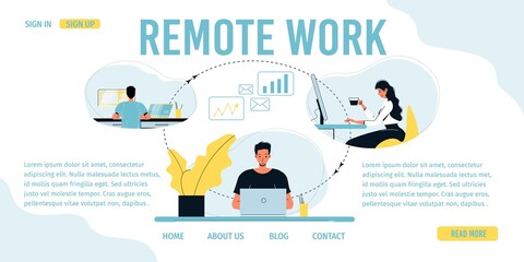 Remote work. Distant coworking. People freelance character working together online. Business employee colleague speak on video call. Wireless connection between company employee. Landing page design