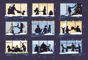 Evening Christmas window show happy family, decorated New Year xmas tree silhouette. Parent children, lovers, friends celebrating winter holiday party together greeting each other. View from outside
