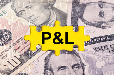 Fototapeta premium Puzzle with the image of dollars in the center of the inscription -PL