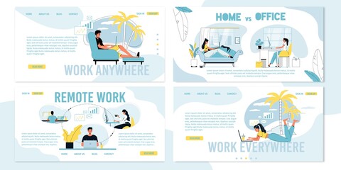 Remote work on freelance, distant coworking vs office job occupation daily routine. Company team online communication, working on internet from anywhere. Landing page, poster design set