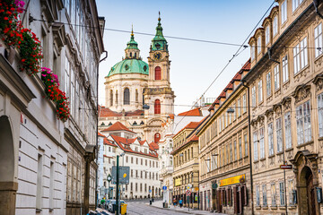 Prague, Czech republic - September 20, 2020. Empty street around St. Nicholas Church during coronavirus