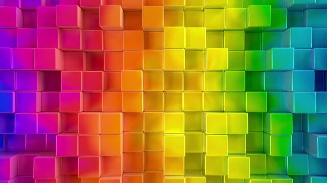 Abstract iridescent colourful metallic cubes background. Rainbow colored cube pattern wall. Vivid multicolored 3D rendering. Colorful projection mapping moving cubic surface 4k Seamless loop Top view